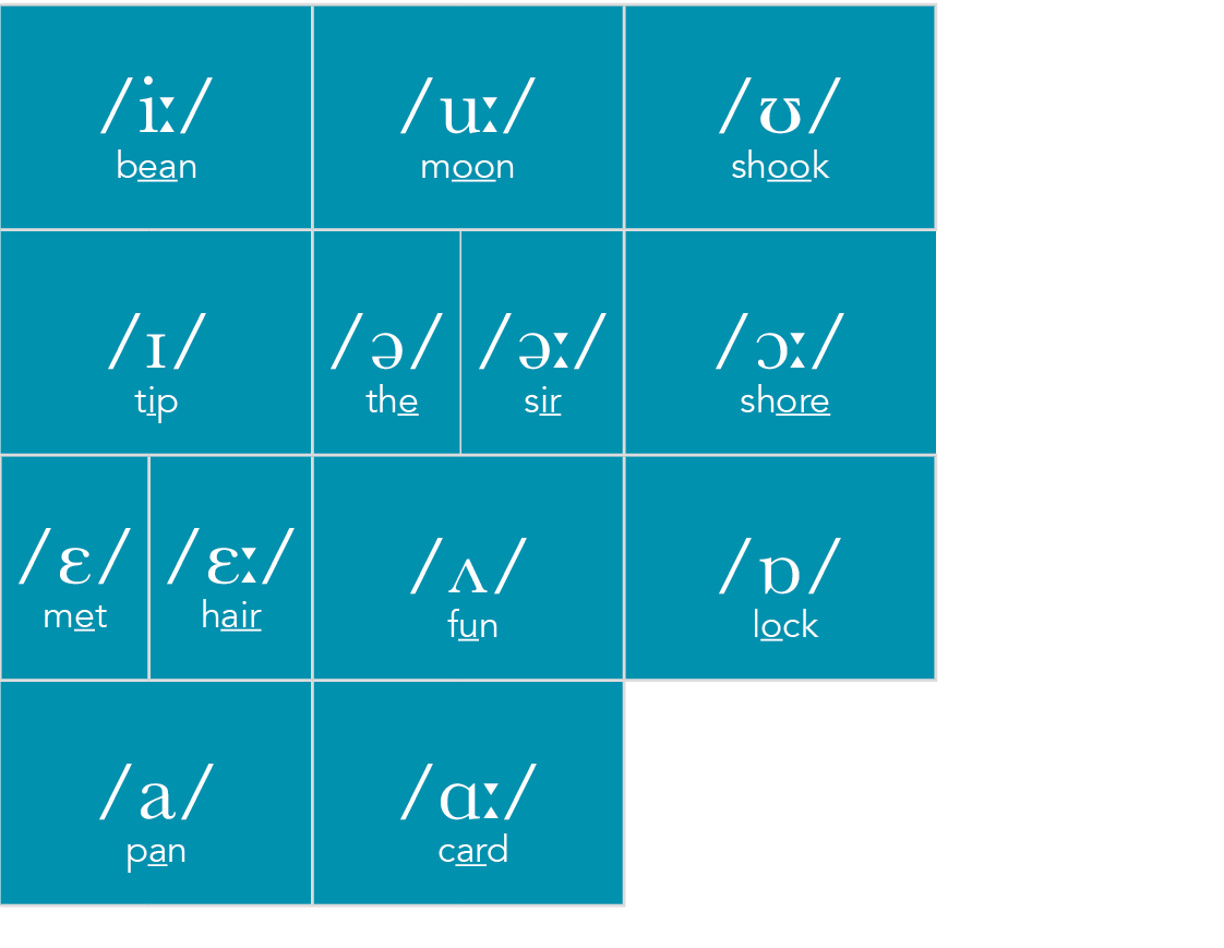  i   bean, u   moon, ʊ  shook, ɪ  tip, ə  the, ə   sir, ɔ   shore, ɛ met, ɛ  hair, ʌ  fun, ɒ  lock, a  pan, ɑ   card,   