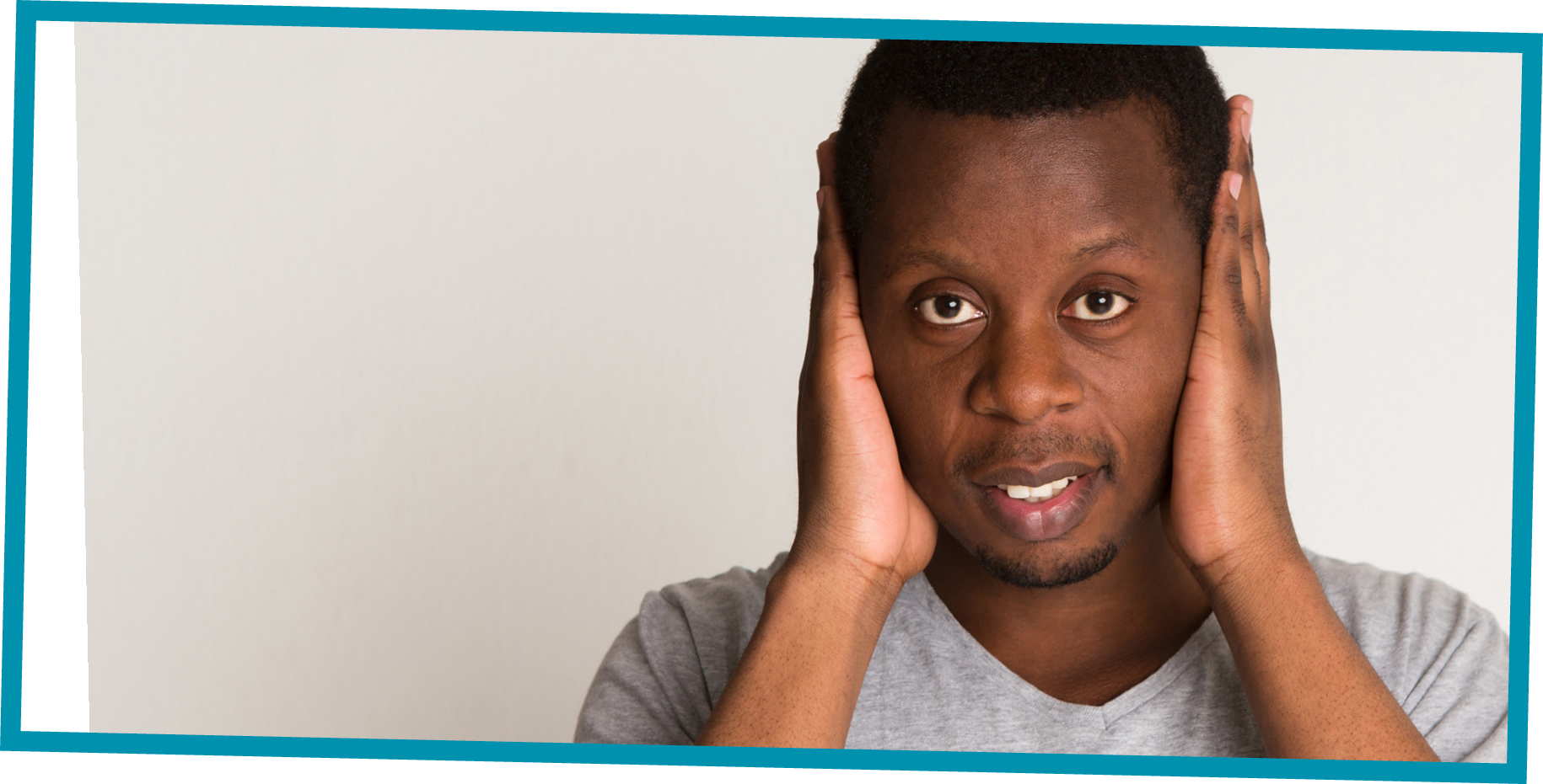Close up portrait of peaceful black man covering his ears, observing, isolated white background  Human emotions, facial expressions