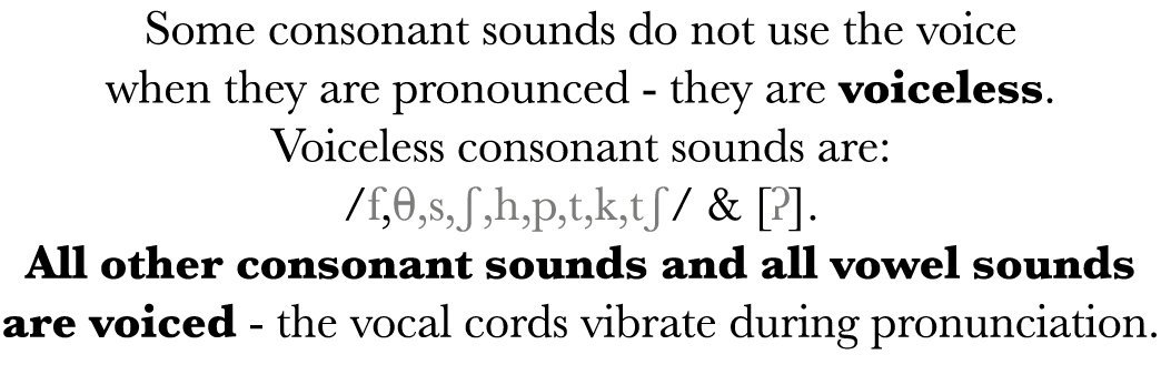 Some consonant sounds do not use the voice when they are pronounced - they are voiceless  Voiceless consonant sounds    