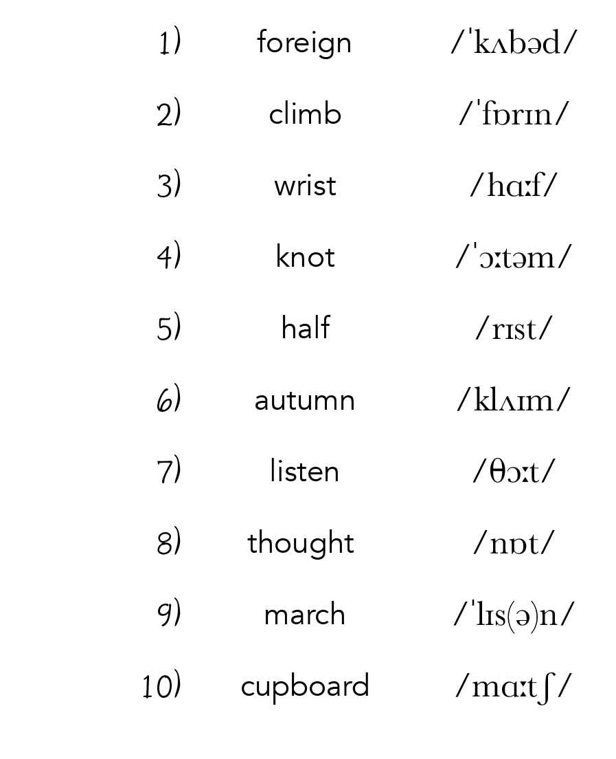 1), foreign,  kʌbəd   ,2), climb,  fɒrɪn ,3), wrist, hɑ f  ,4), knot,  ɔ təm ,5), half, rɪst  ,6), autumn, klʌɪm ,7),   