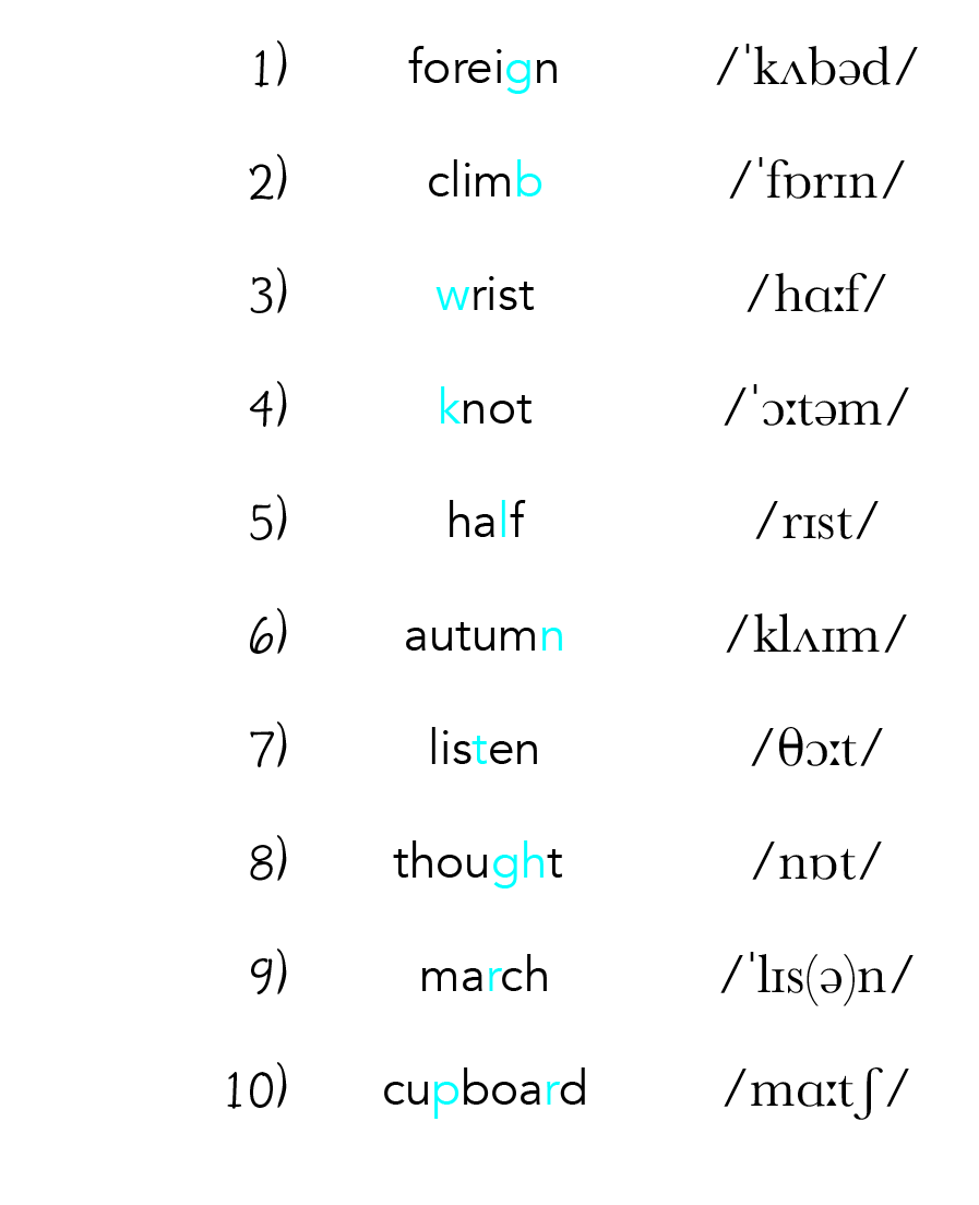 1), foreign,  kʌbəd   ,2), climb,  fɒrɪn ,3), wrist, hɑ f  ,4), knot,  ɔ təm ,5), half, rɪst  ,6), autumn, klʌɪm ,7),   
