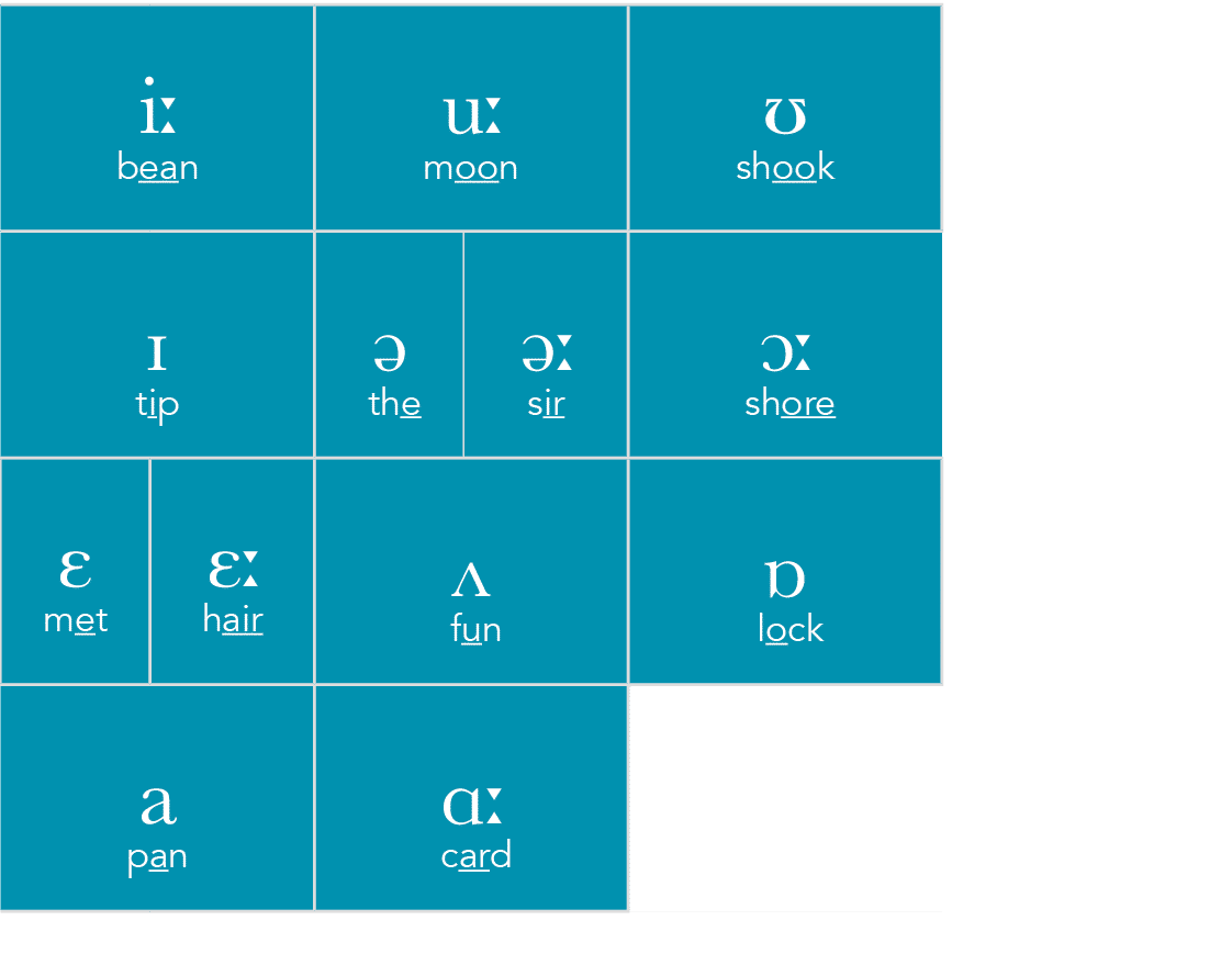 i  bean,u  moon,ʊ shook,ɪ tip,ə the,ə  sir,ɔ  shore,ɛ met,ɛ  hair,ʌ fun,ɒ lock,a pan,ɑ  card,  i   bean